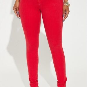 Fashion Nova Vibrant Red and Olive Green Skinny Jeans